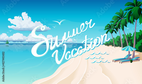 Sandy Beach with Several Palmtrees and Light Blue Ocean