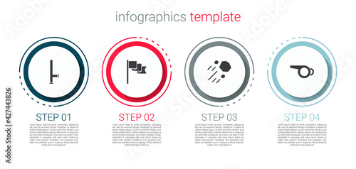 Set Police rubber baton, Location marker, Flying stone and Whistle. Business infographic template. Vector