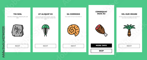Prehistoric Period Onboarding Mobile App Page Screen Vector. Prehistoric Plant And Tree, Mammoth And Clam, Dinosaur Skull And Bone, Statue And Damaged Vase Illustrations