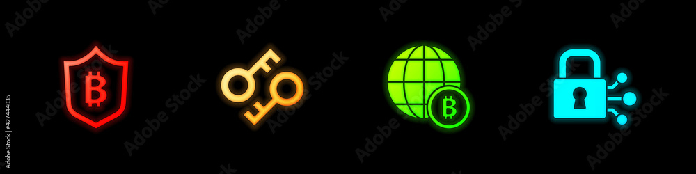 Set Shield with bitcoin, Cryptocurrency key, Globe Bitcoin and Lock icon. Vector Set Shield with bitcoin, Cryptocurrency key, Globe Bitcoin and Lock icon. Vector