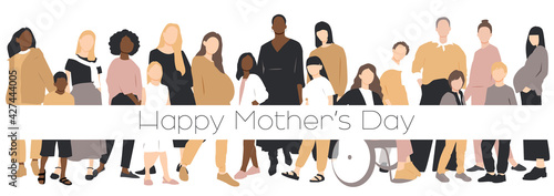 Happy Mother's Day card. Multicultural group of mothers with kids collection. Flat vector illustration.