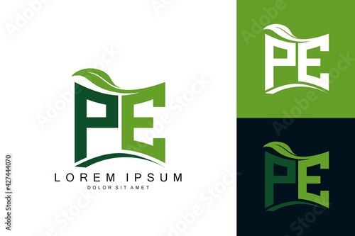 PE monogram leaf logo. natural organic premium vector design template