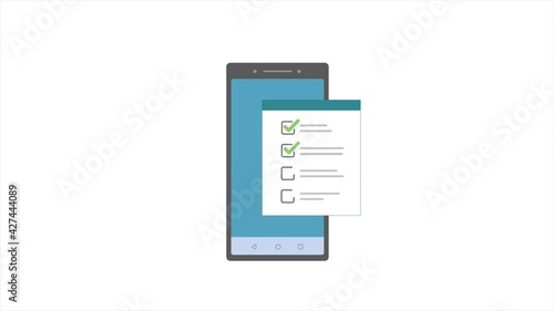 Check list document on smartphone, smartphone with paper check list and to do list with checkboxes, concept of survey, online quiz, completed things or feedback.