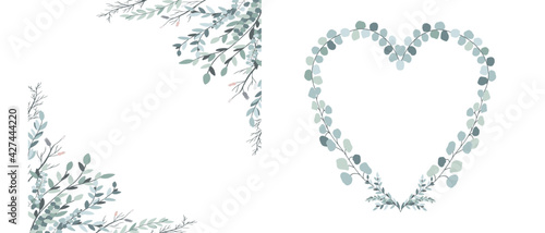 Eucalyptus square and heart frame for design wedding card. Botanic ornament with leaves, branch illustration
