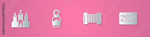 Set paper cut Church building, Russian doll matryoshka, Accordion and Made icon. Paper art style. Vector