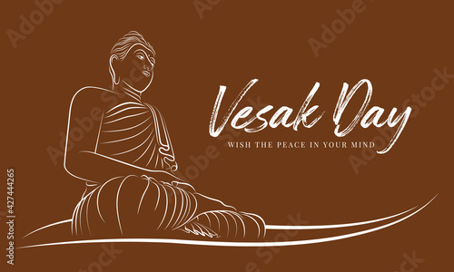 Vesak day with abstract white line border the Buddha meditated and enlightened on brown background vector design