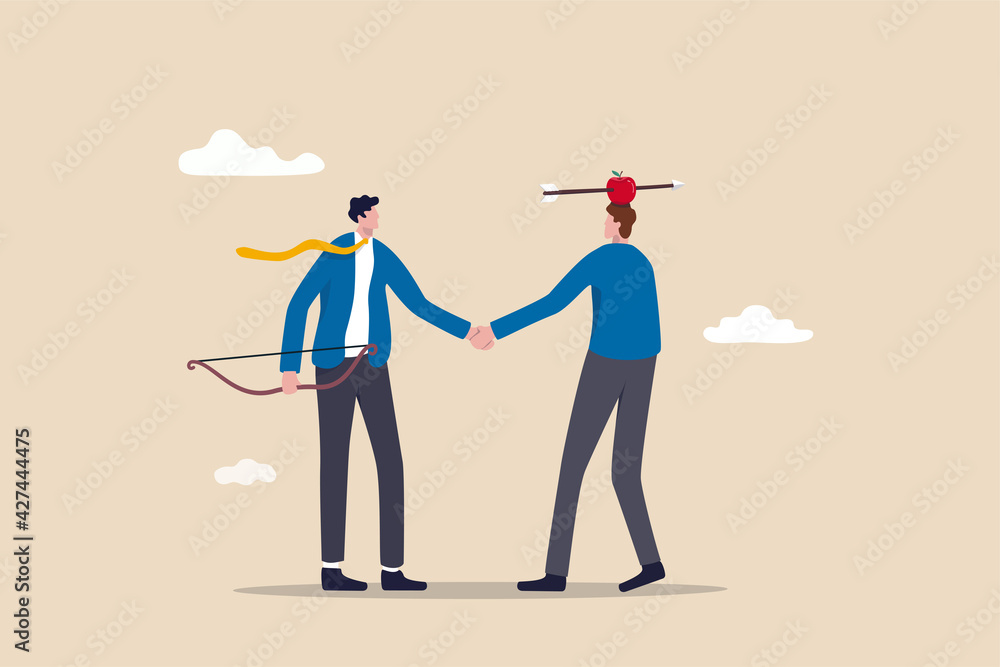 Trusted partner, believe and confidence in strong business relation, collaboration or trust alliance concept, businessmen shaking hands agreement after finished danger risky apple shot archery show. Trusted partner, believe and confidence in strong business relation, collaboration or trust alliance concept, businessmen shaking hands agreement after finished danger risky apple shot archery show.
