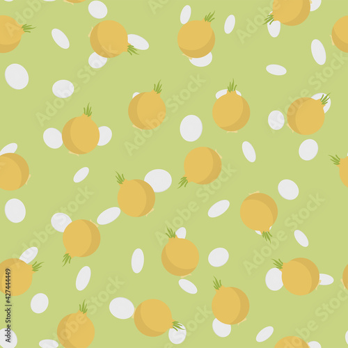 Fototapeta Naklejka Na Ścianę i Meble -  Vegetables seamless pattern with onions. Yellow green scrapbook paper  design. Graphic element with repeat motif to print