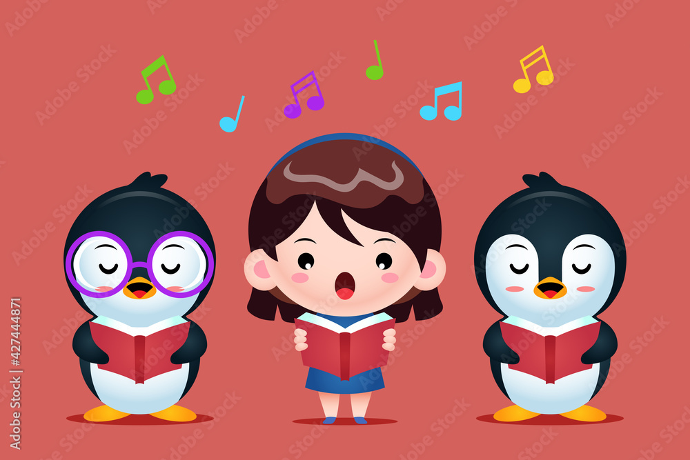 Group Of Cute Penguins And Girl Singing In A Choir Illustration Group Of Cute Penguins And Girl Singing In A Choir Illustration