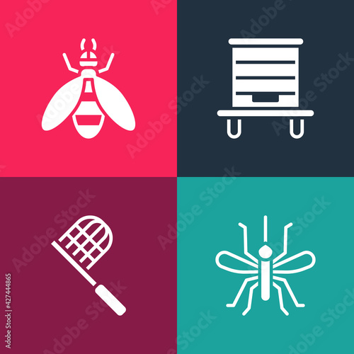 Set pop art Mosquito, Butterfly net, Hive for bees and Bee icon. Vector