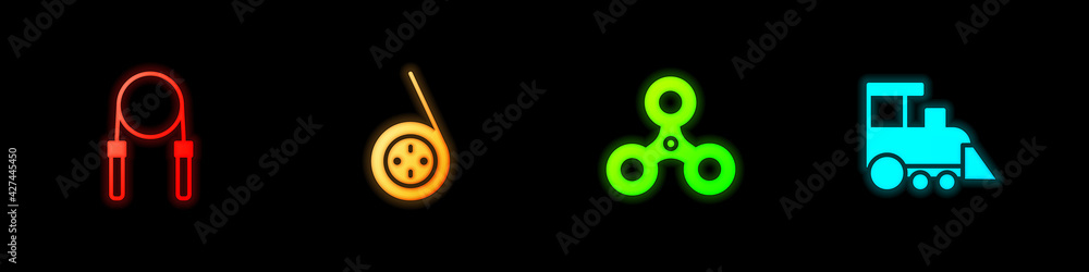 Set Jump rope, Yoyo toy, Fidget spinner and Toy train icon. Vector Set Jump rope, Yoyo toy, Fidget spinner and Toy train icon. Vector