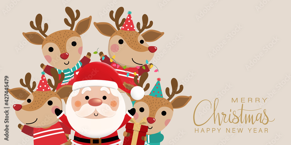 Obraz premium Merry Christmas and happy new year greeting card with cute Santa Claus and deer. Holiday cartoon character in winter season. -Vector