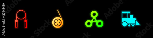Set Jump rope, Yoyo toy, Fidget spinner and Toy train icon. Vector