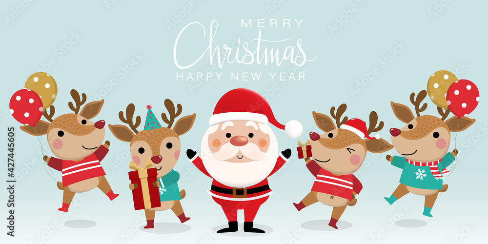 Merry Christmas and happy new year greeting card with cute Santa Claus and deer. Holiday cartoon character in winter season. -Vector Merry Christmas and happy new year greeting card with cute Santa Claus and deer. Holiday cartoon character in winter season. -Vector