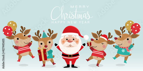 Merry Christmas and happy new year greeting card with cute Santa Claus and deer. Holiday cartoon character in winter season. -Vector