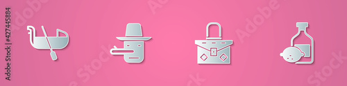 Set paper cut Gondola, Pinocchio, Handbag and Limoncello bottle icon. Paper art style. Vector