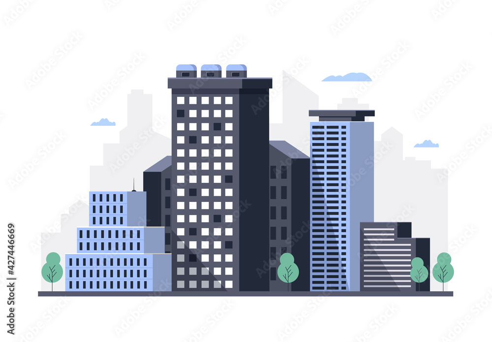 Urban landscape with high skyscrapers. Property owners. Vector illustration.