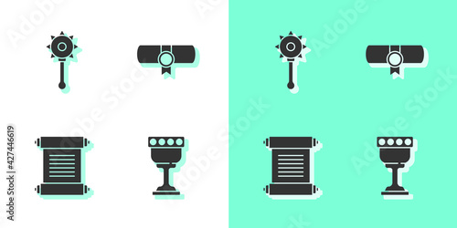 Set Medieval goblet, chained mace ball, Decree, parchment, scroll and icon. Vector
