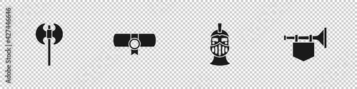 Set Medieval axe, Decree, parchment, scroll, iron helmet and Trumpet with flag icon. Vector