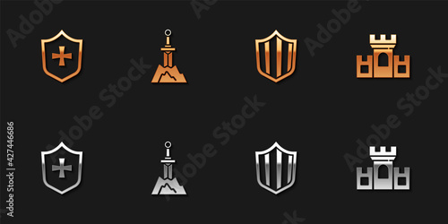 Set Shield, Sword in the stone, and Castle, fortress icon. Vector