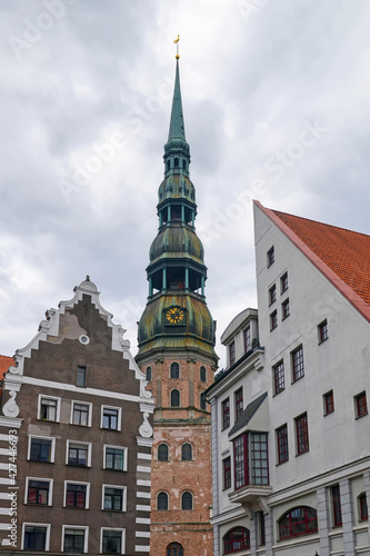 View of bell tower of St. Peter's church in the old town. Riga, Latvia..
