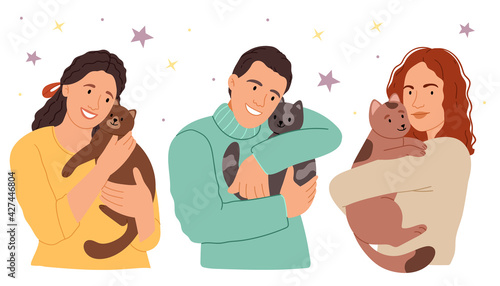 People love their cats.Set of portraits of adorable pet owners and cute domestic animals.Modern vector illustration in flat cartoon style.