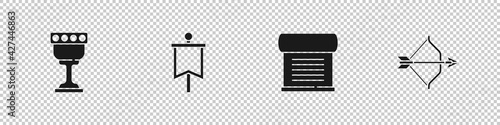 Set Medieval goblet, flag, Decree, parchment, scroll and bow and arrow icon. Vector