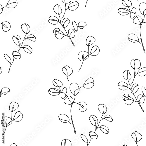 Eucalyptus branches in modern single line art style, seamless pattern. Continuous line drawing, aesthetic contour for textile, packaging, wallpapers, wrapping paper. Vector illustration