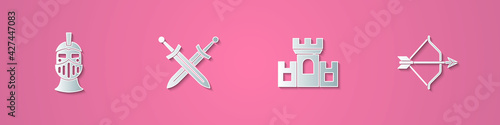 Set paper cut Medieval iron helmet, Crossed medieval sword, Castle, fortress and bow and arrow icon. Paper art style. Vector