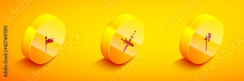 Set Isometric Medieval spear, Crossed medieval sword and axe icon. Vector