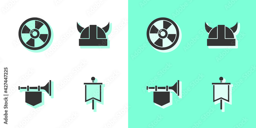 Naklejka premium Set Medieval flag, Round wooden shield, Trumpet with and Viking in horned helmet icon. Vector