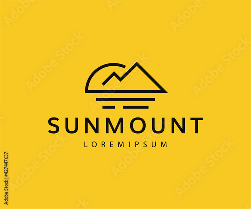 Sun Mount Logo Design Template. Sunrise Hill Icon Line Art Vector