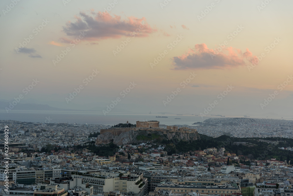 Acropolis Of Athens On Rocky Outcrop. UNESCO World Heritage Site In Greece, wide shot