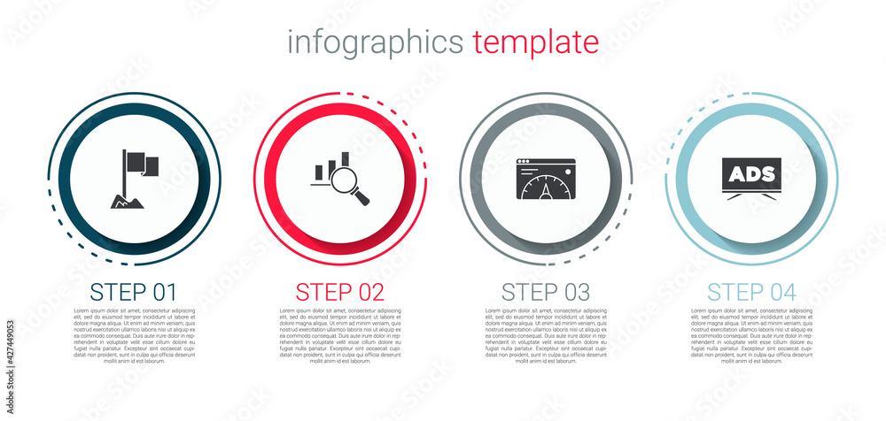 Naklejka premium Set Location marker, Magnifying glass and analysis, Website statistic and Advertising. Business infographic template. Vector