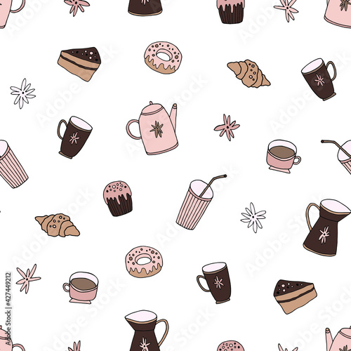 Vector seamless pattern with sweets, cups, teapot. Hand drawn illustration. Food ornament is  perfect for pastry shop design, cafe menu, confectioner label, kitchen wallpaper, fabric textile