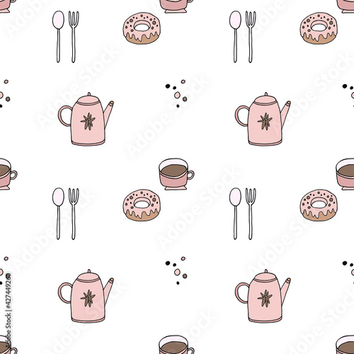 Vector seamless pattern with teapot, cup, donut, cutlery. Hand drawn illustration. Tea drinking ornament is perfect for pastry design, cafe menu, confectioner card, kitchen wallpaper, fabric textile