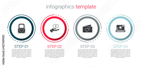 Set Lock and heart, Wedding rings, Greeting card and Photo camera. Business infographic template. Vector