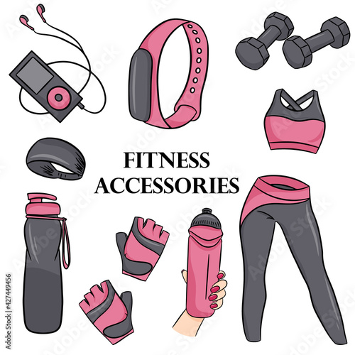 Vector set of fitness accessories in cartoon style. Vector illustration isolated on a white background.