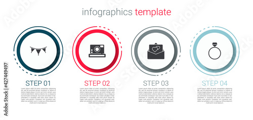 Set Carnival garland with flags, Photo camera, Greeting card and Diamond engagement ring. Business infographic template. Vector