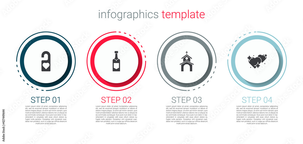 Set Please do not disturb, Champagne bottle, Church building and Two Linked Hearts. Business infographic template. Vector Set Please do not disturb, Champagne bottle, Church building and Two Linked Hearts. Business infographic template. Vector