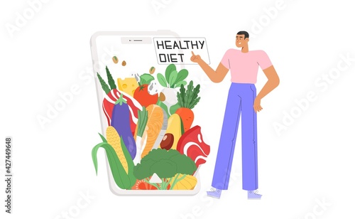 Flat vector illustration with dietetic products or organic products or balanced nutrition. Concept of online order food or a diet plan.