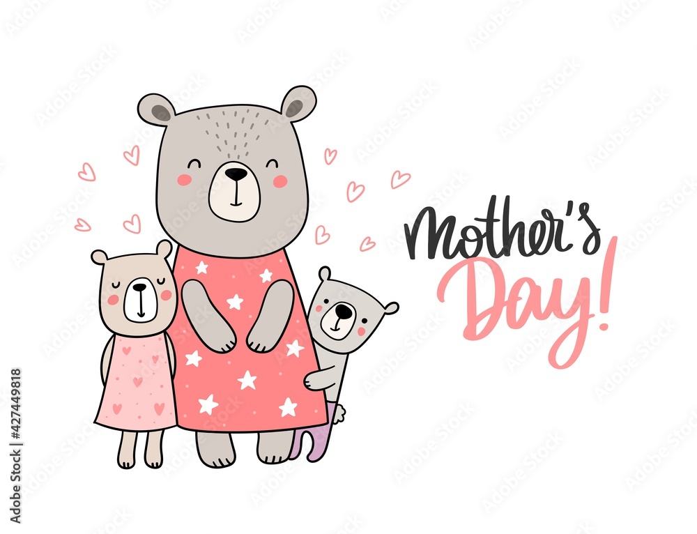 Charming doodle vector mother bear with her little children. Happy mothers day illustration for gift cards, fashion, presents and others Charming doodle vector mother bear with her little children. Happy mothers day illustration for gift cards, fashion, presents and others