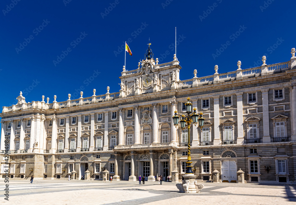 Beautiful view of the south facade of the Royal Palace. Palacio de Oriente, Madrid landmark, Spain.