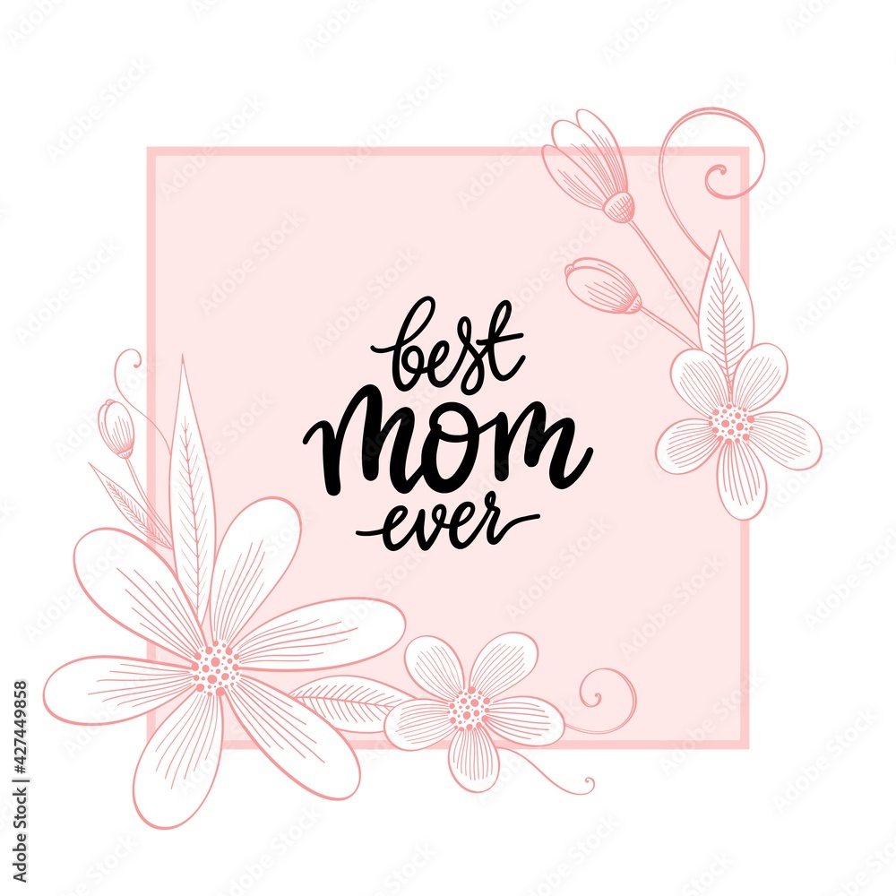 Cute vector hand drawn illustration for Mothers day with tender flowers and frame with lettering for gift cards, presents