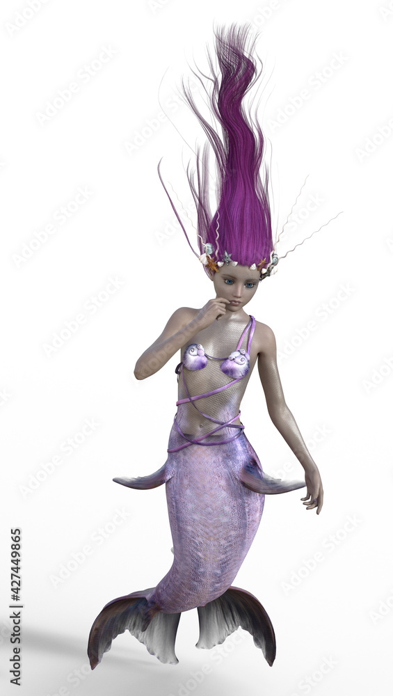 Fototapeta premium 3d illustration of a mermaid in the ocean with purple flowing hair and a crown of shells. Posing and looking into the depths of the ocean.