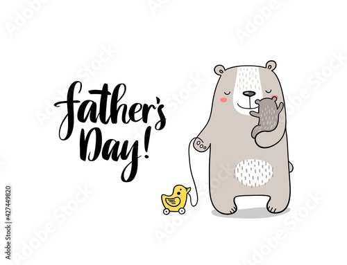 Cute doodle vector father bear with little bear and toy. Happy fathers day illustration for gift cards, fashion, presents and others