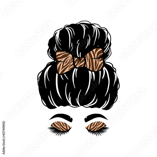 woman face with messy hair in a bun and long eyelashes. Mom life cutfile. vector illustration