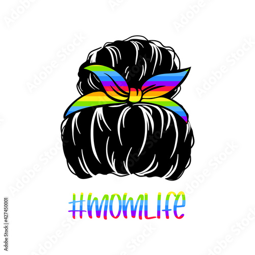 woman face with messy hair in a bun and long eyelashes. Mom life cutfile. vector illustration