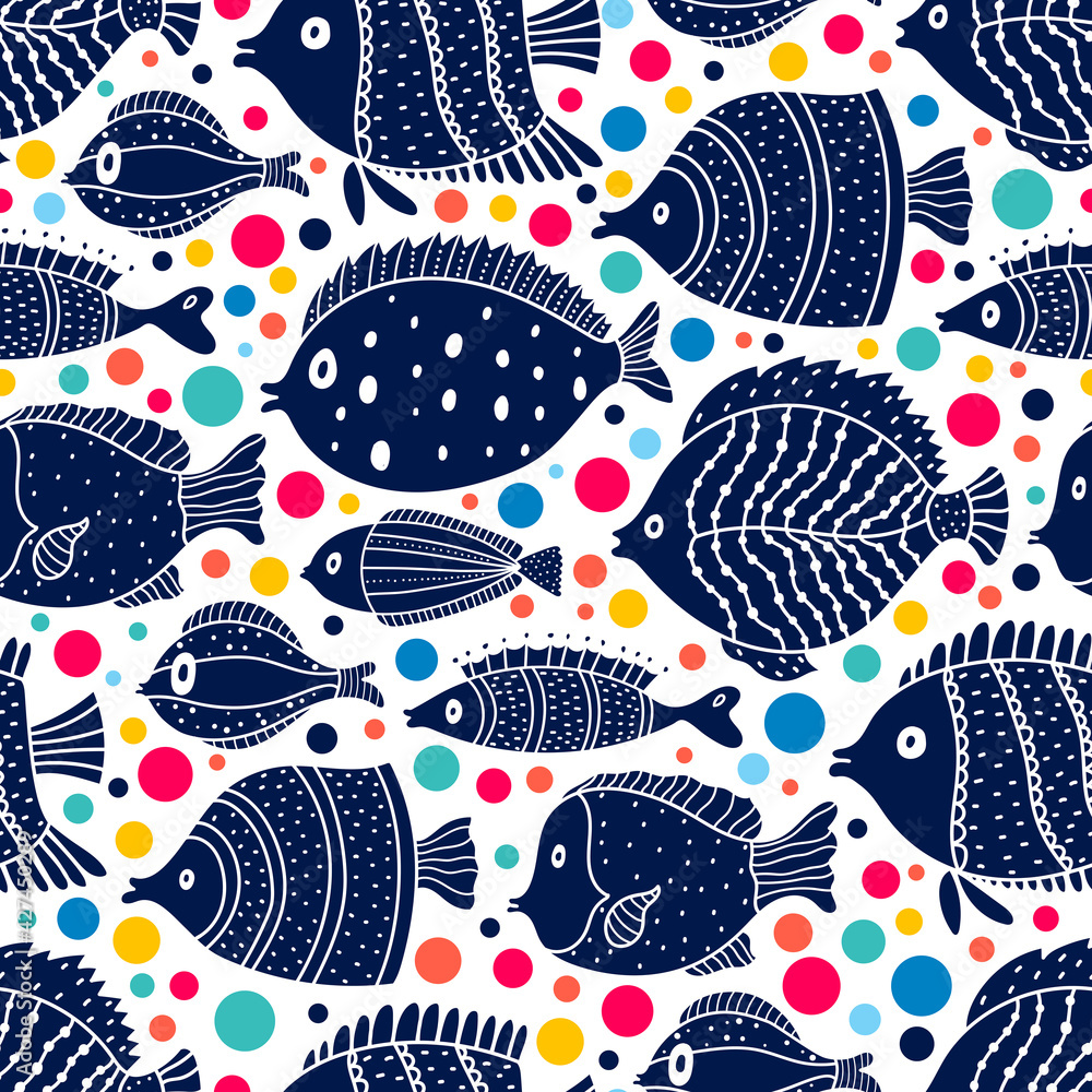 Naklejka premium Cute fish and polka dots. Kids background. Seamless pattern. Can be used in textile industry, paper, background, scrapbooking.