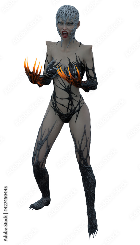 Beautiful attractive young woman with lethal claws in science fiction liquid metal clothing. Isolated against white background. Photorealistic 3D rendering. Model Code EN Beautiful attractive young woman with lethal claws in science fiction liquid metal clothing. Isolated against white background. Photorealistic 3D rendering. Model Code EN
